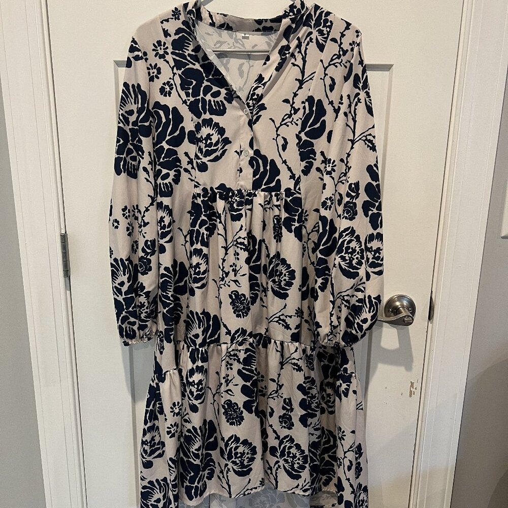 Blue & Cream Tiered Floral Long-Sleeve Dress